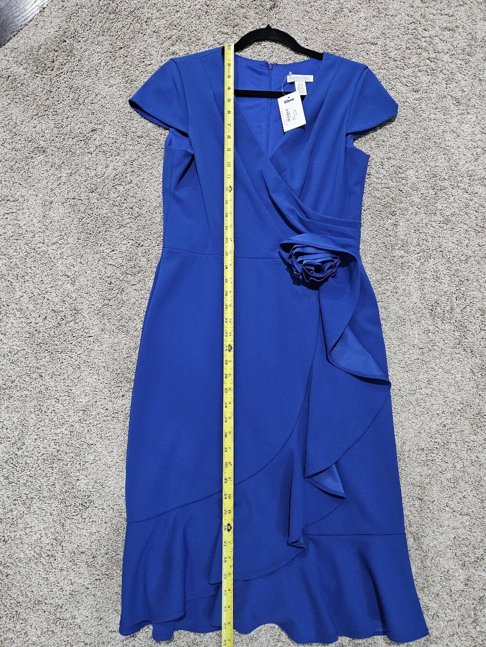 London Times Cobalt Blue Midi Dress with Ruffle Flower Accent - Picture 4 of 8